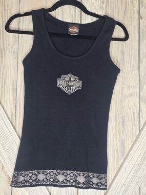 Harley Davidson Black Ribbed Tank Top Graphic Biker Y2K Sioux Falls SD Size L